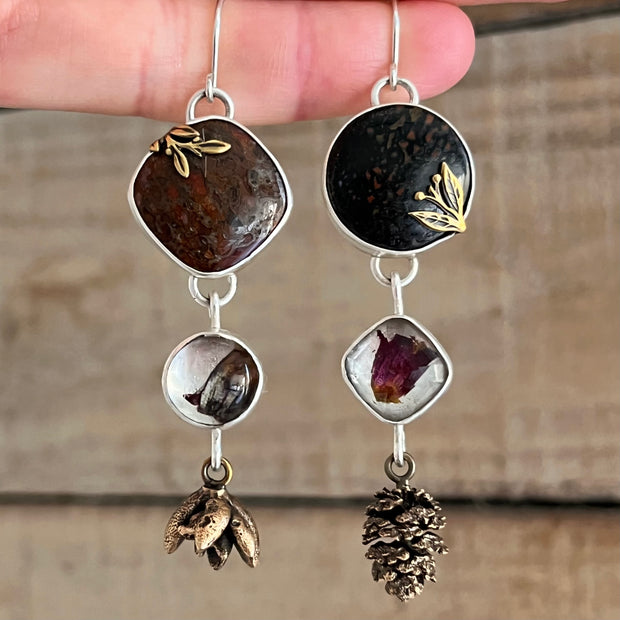 Cascading nature earrings in silver & brass