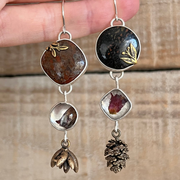 Cascading nature earrings in silver & brass