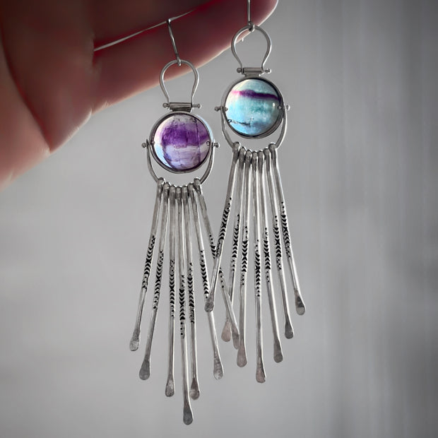 Fluorite fringe earrings in silver