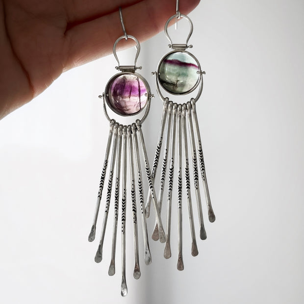 Fluorite fringe earrings in silver