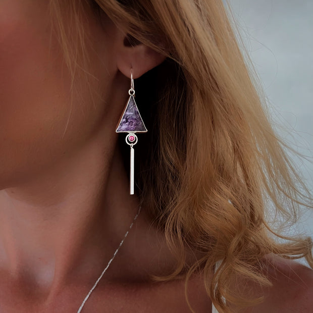 Bar dangles with charoite & Burmese spinel
