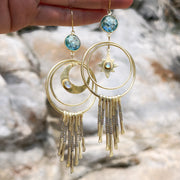 Celestial fringe hoops with aqua quartz & moonstone in brass