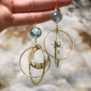 Celestial hoops with aqua quartz & moonstone in brass
