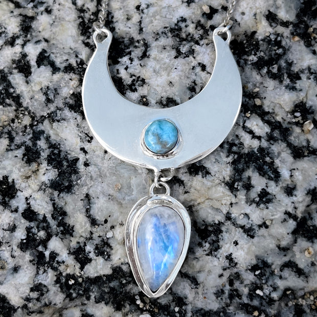 Cascading moon necklace with larimar & moonstone