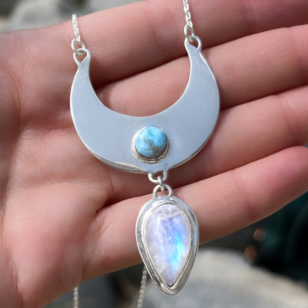 Cascading moon necklace with larimar & moonstone
