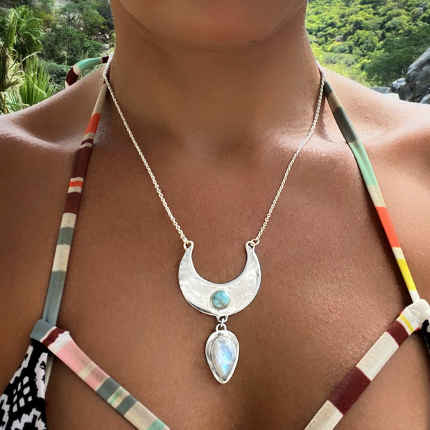 Cascading moon necklace with larimar & moonstone