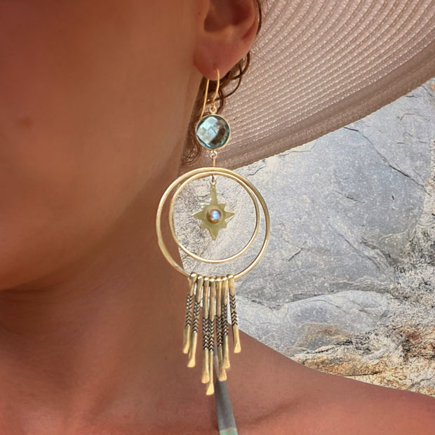 Celestial fringe hoops with aqua quartz & moonstone in brass