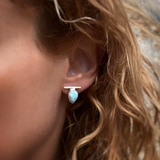 Teardrop larimar bar studs in silver