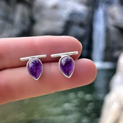 Teardrop amethyst bar studs in silver