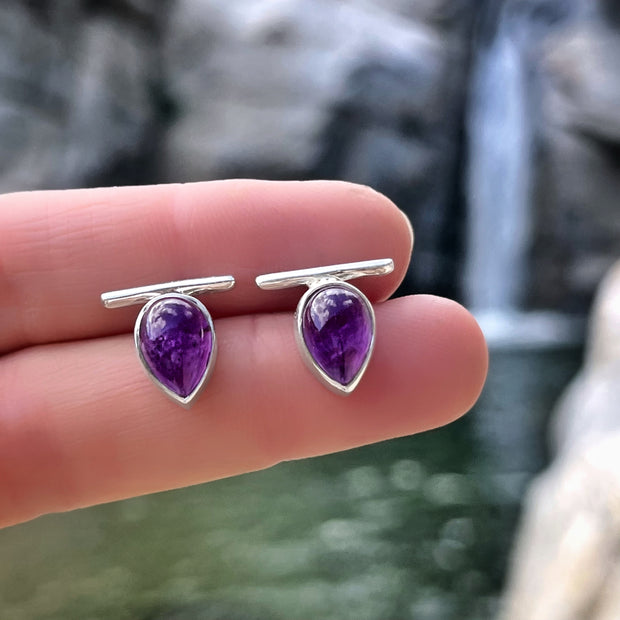 Teardrop amethyst bar studs in silver