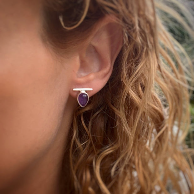 Teardrop amethyst bar studs in silver