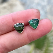 Green tourmaline triangle studs in silver
