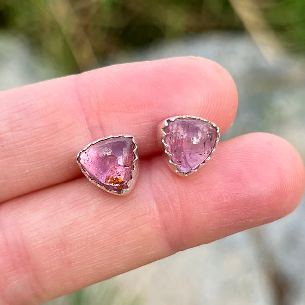 Pink tourmaline triangle studs in silver
