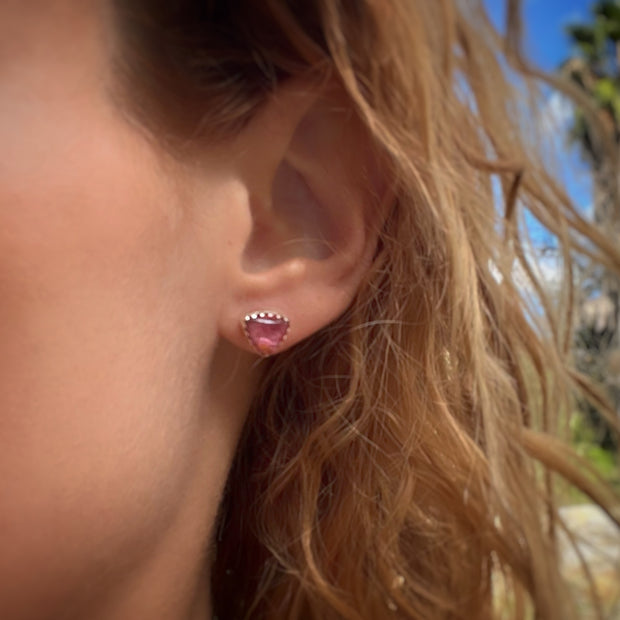 Pink tourmaline triangle studs in silver