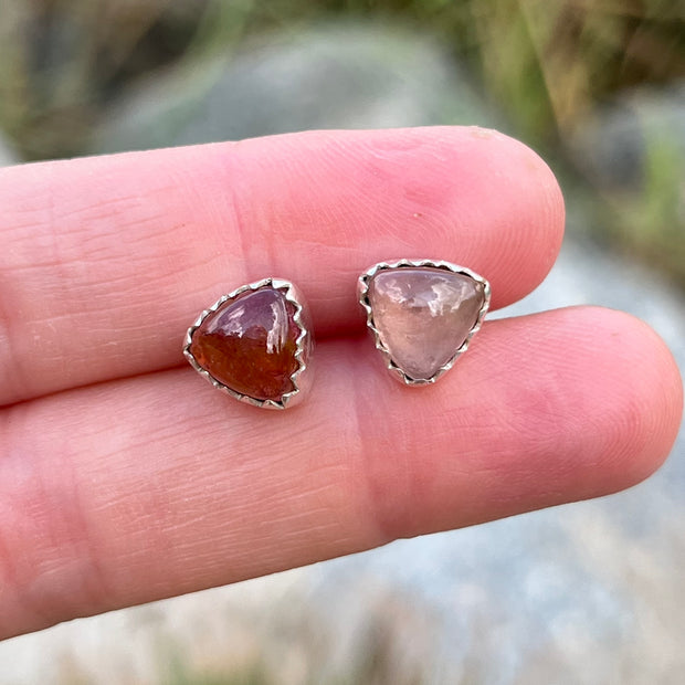 Pastel red tourmaline triangle studs in silver