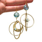 Celestial hoops with aqua quartz & moonstone in brass