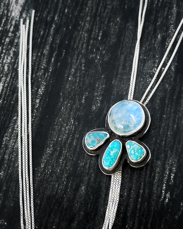 Moonstone & turquoise bolo tie necklace in silver