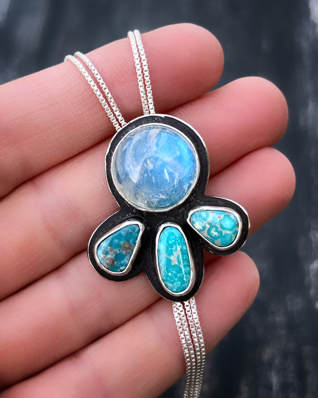 Moonstone & turquoise bolo tie necklace in silver