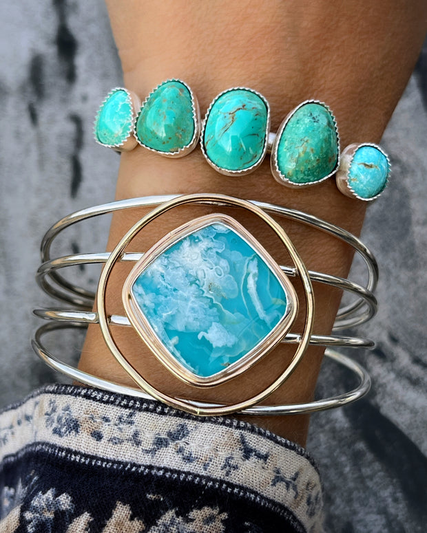 Sky cuff with plume agate and turquoise in silver & gold