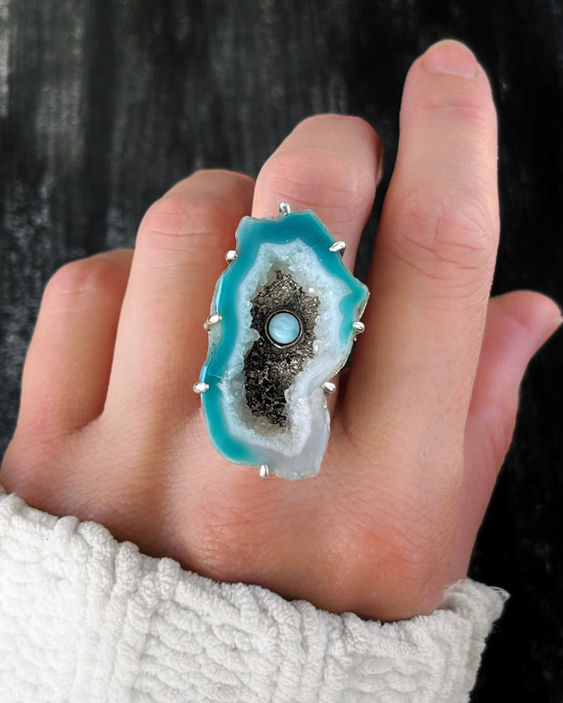 Larimar in blue agate cave ring in silver