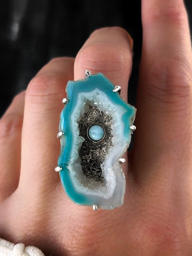 Larimar in blue agate cave ring in silver
