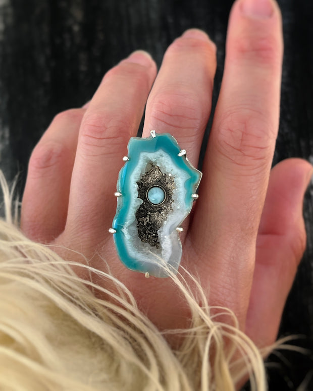 Larimar in blue agate cave ring in silver