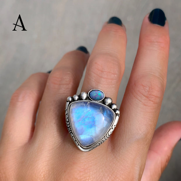 Trillion moonstone and fire opal ring or necklace