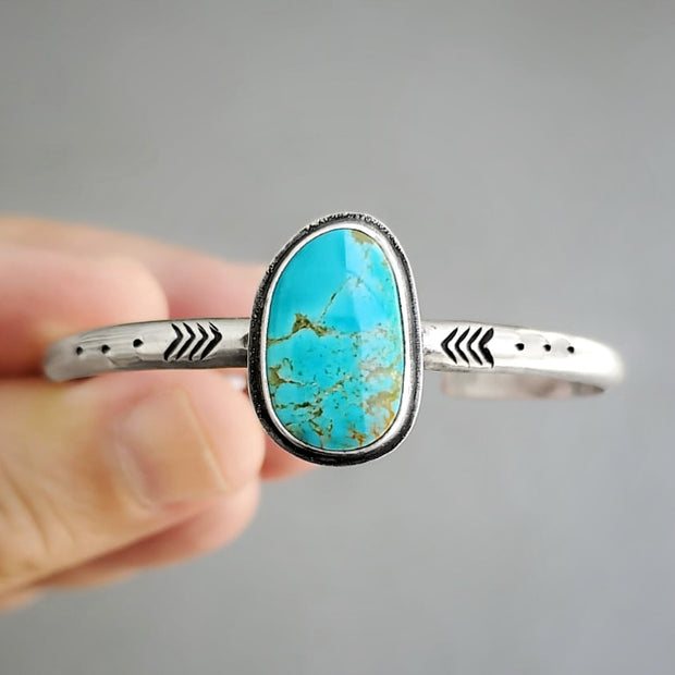 Hand-stamped turquoise cuff in silver
