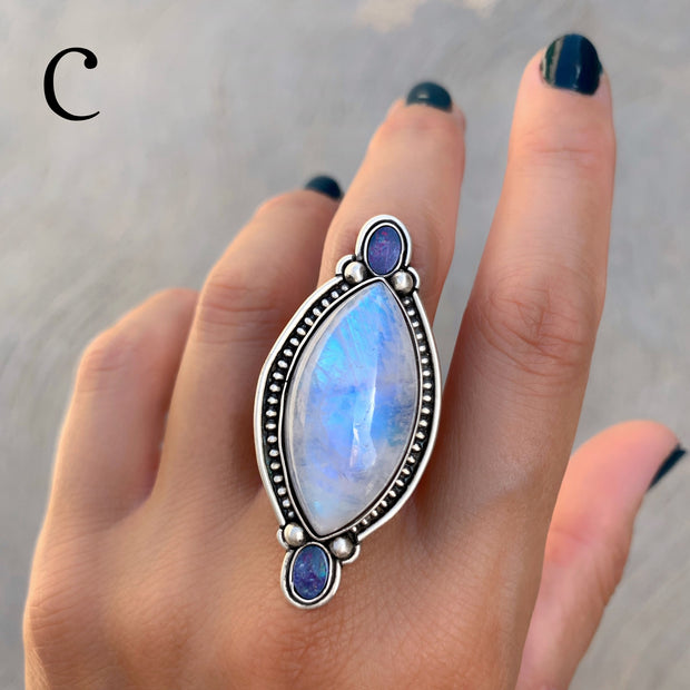 Marquise moonstone and fire opal ring or necklace