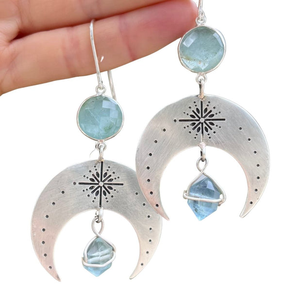 Stamped silver moon earrings with aqua quartz & fluorite