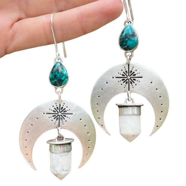 Stamped silver moon earrings with turquoise & howlite