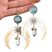 Stamped brass moon earrings with aqua quartz & crystal points