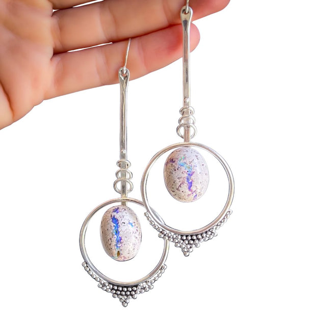 Large pendulum earrings with Mexican opal ovals