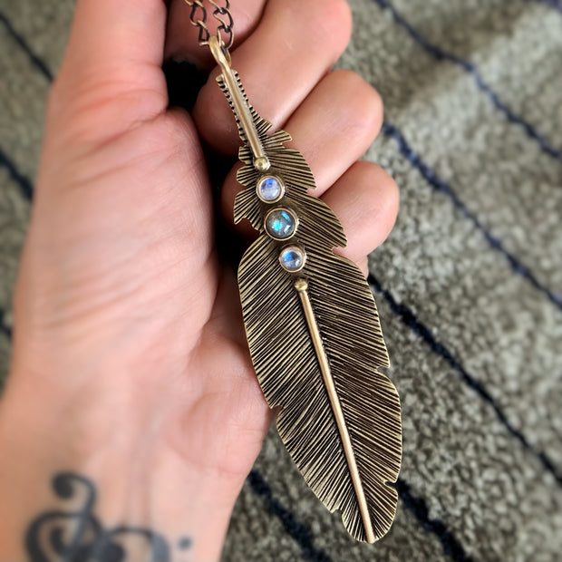 RESERVED FOR TEETER - Custom feather necklace in brass