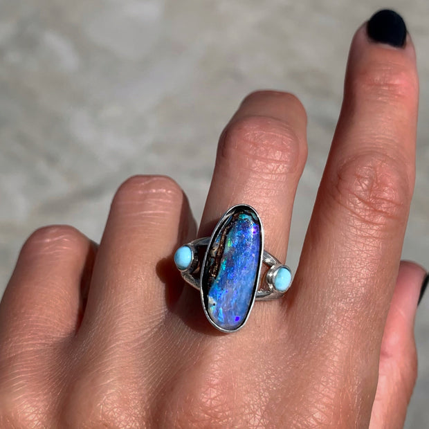 Australian opal & larimar ring in silver
