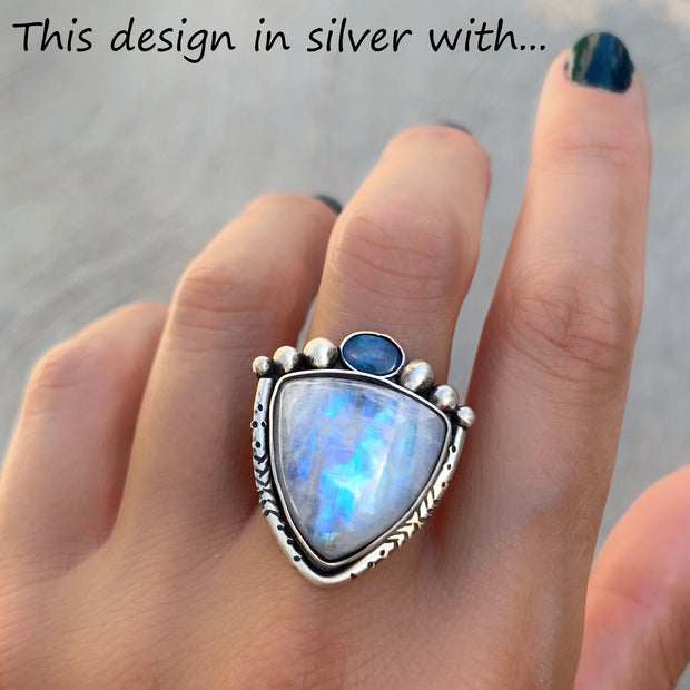 Made-to-order trillion moonstone & opal ring