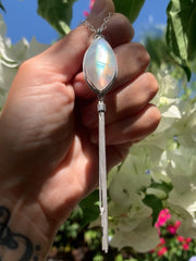 Rainbow moonstone tassel necklace in silver