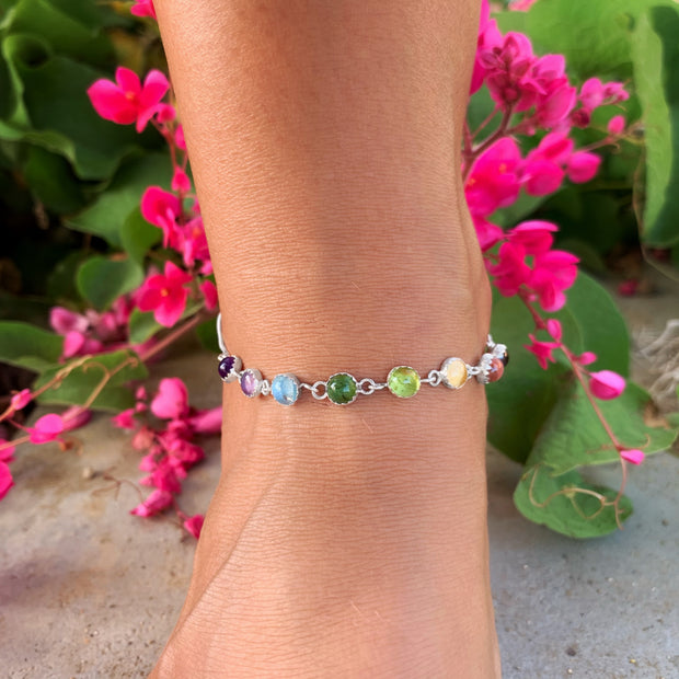 Rainbow gemstone anklet in silver