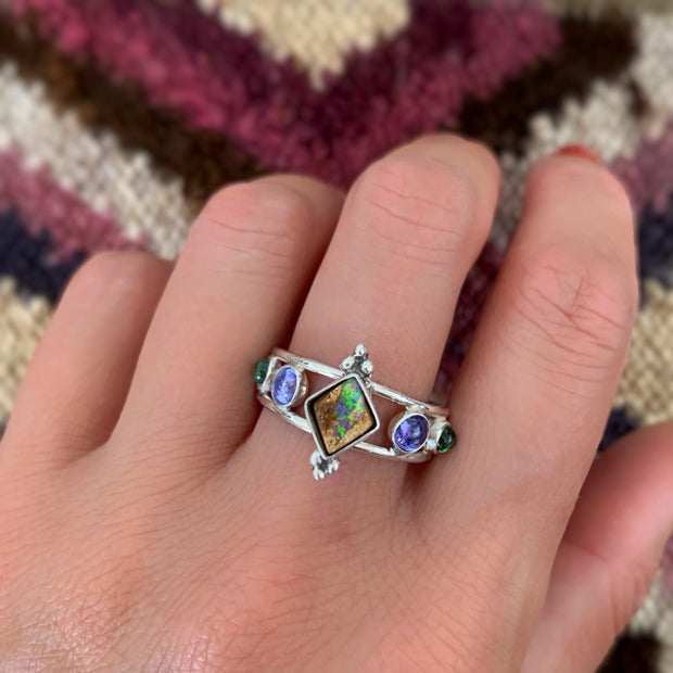 Opal, tanzanite & tourmaline ring in silver