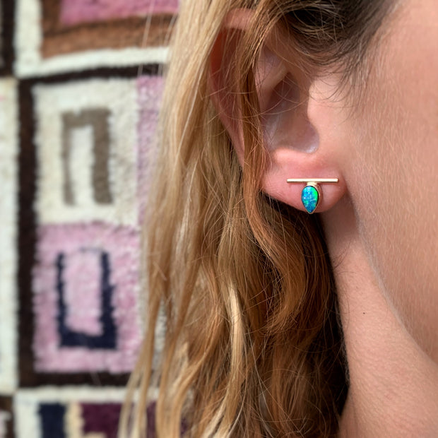 Teardrop opal bar studs with removable hoops in 14K gold-fill
