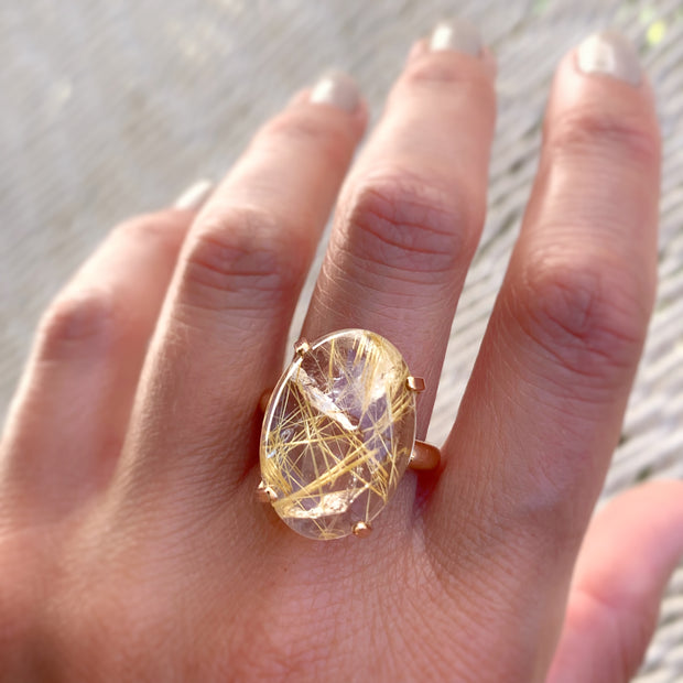Prong-set rutilated quartz ring in 14K gold-fill - Size 8