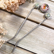 Hand-stamped fire opal & variscite hair fork in silver