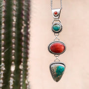 Cascading Morenci turquoise & red shell necklace in silver