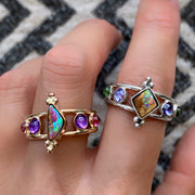 Opal, tanzanite & tourmaline ring in silver