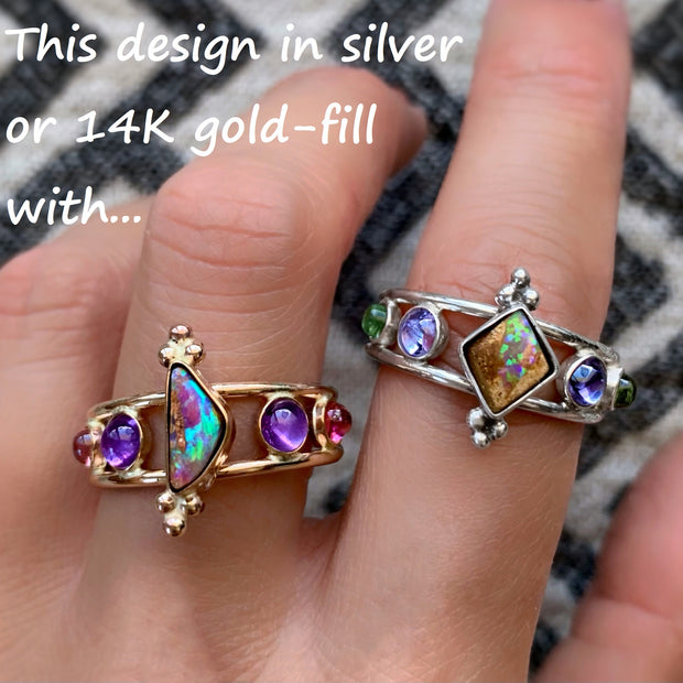 Item #20: Five-stone ring with opal, amethyst & tourmaline in 14K gold-fill