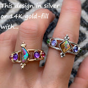 Item #11: Five-stone ring with opal, tourmaline & tanzanite in 14K gold-fill