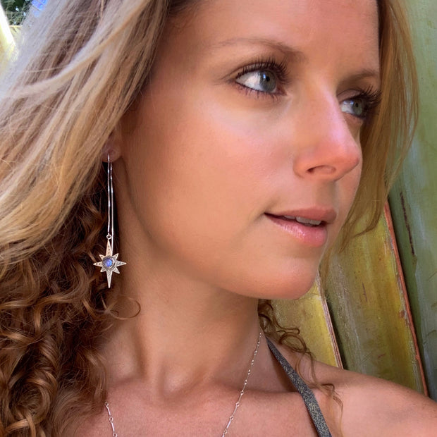 Star & moonstone threader earrings in silver