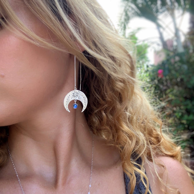 Moon & moonstone threader earrings in silver