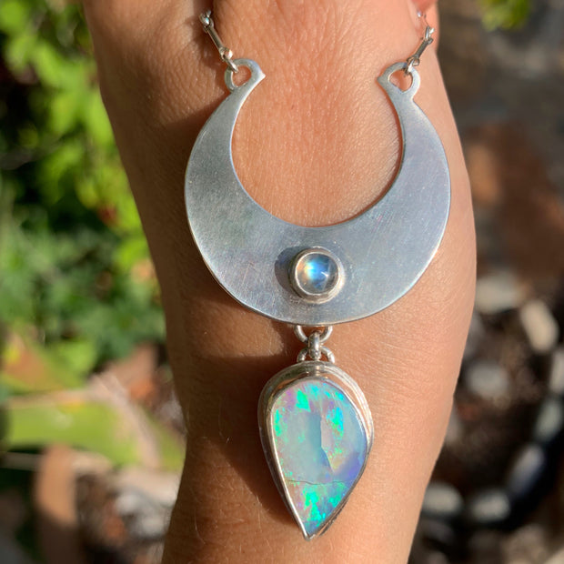 Cascading moon necklace with moonstone & Australian fire opal