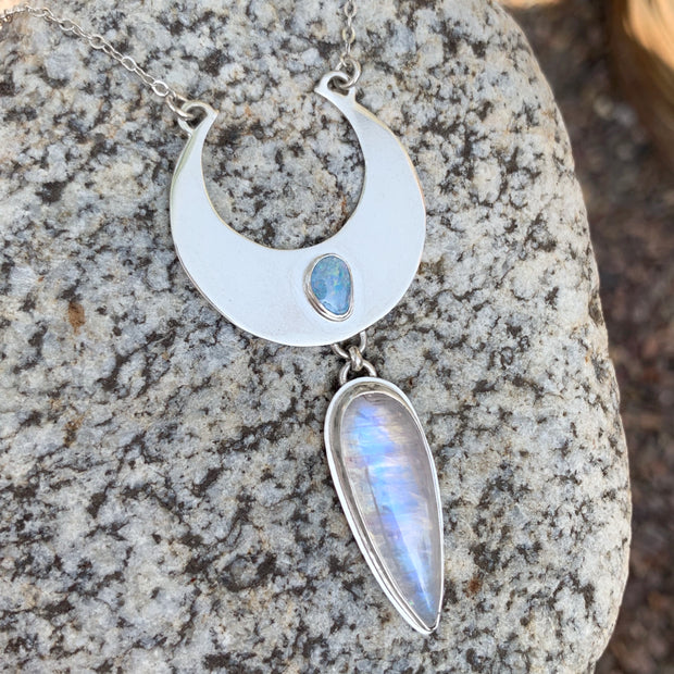 Cascading moon necklace with Australian fire opal & moonstone